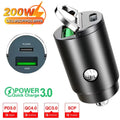 2025 200W mini car charger fast charging for iPhone QC3.0 mini PD USB Type C car mobile phone charger for Xiaomi Samsung Huawei